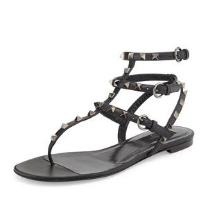 Valentino Rockstud Noir Flat Thong Sandal, Size 38